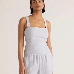 Quince 100% European Linen Fitted Tank Blue Pinstripe